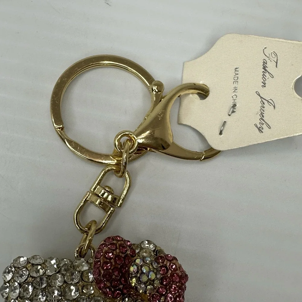 Hello Kitty Style Rhinestone Keychain Pink Crystal Cat Bag Charm Gold Tone
